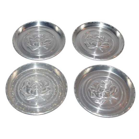 Vtg Pewter Peony Repousse round coaster set Floral 4pc set - Picture 1 of 6